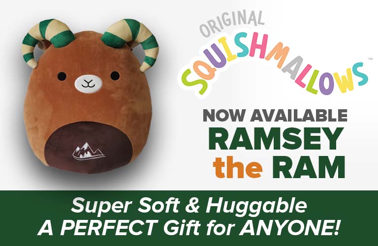 Image of a Ramsey the Ram Squishmallow toy with text that reads NOW AVAILABLE - RAMSEY THE RAM - Super Soft and Huggable, A Perfect Gift for Anyone.