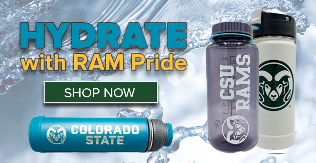 Three CSU Rams Water Bottles in front of watery background. Text reads HYDRATE WITH RAM PRIDE and a shop now button