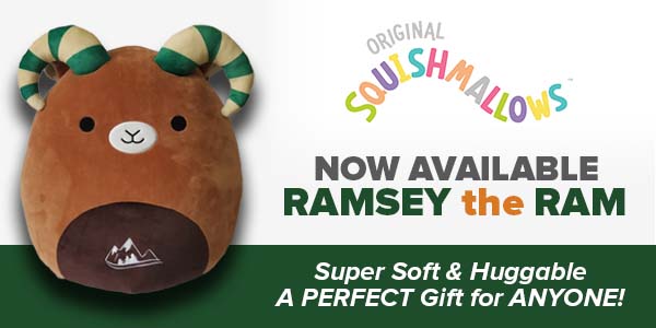 Image of a Squishmallows Ramsey the Ram stuffed toy and Squishmallows logo. Text reads Now Available - Ramsey the Ram - Super soft and huggable - a perfect gift for anyone.