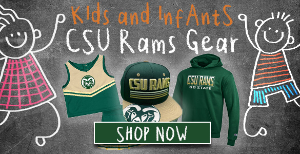 Chalk drawings of kids on a chalkboard background. Three CSU Rams apparel items for kids are in front of a black background. Text reads Kids and Infants CSU Rams Gear