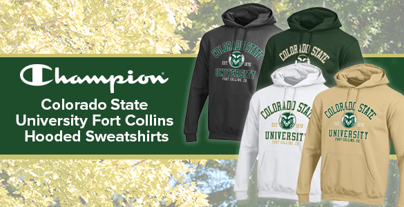 Image of four hooded sweatshirts in front of a background image of trees in autumn. Image has a Champion logo and the words that read Champion Colorado State University Fort Collins Hooded Sweatshirts