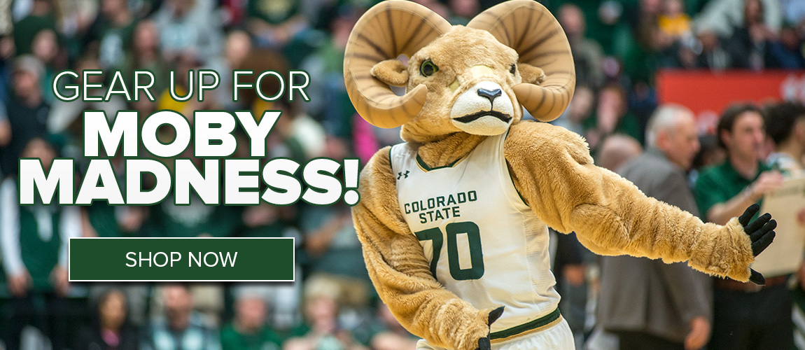 Image features Cam the Ram wearing a basketball costume with text that reads Gear Up for Moby Madness. A green button reads SHOP NOW