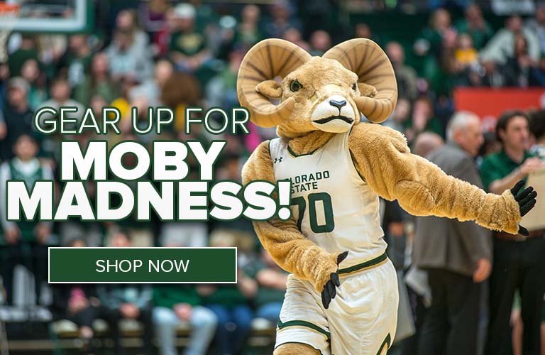 Image features Cam the Ram wearing a basketball costume with text that reads Gear Up for Moby Madness. A green button reads SHOP NOW