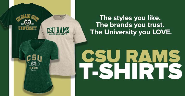 Image with three CSU Rams T-shirts and text. The Styles you like. The brands you trust. The University you love. CSU Rams T-Shirts.