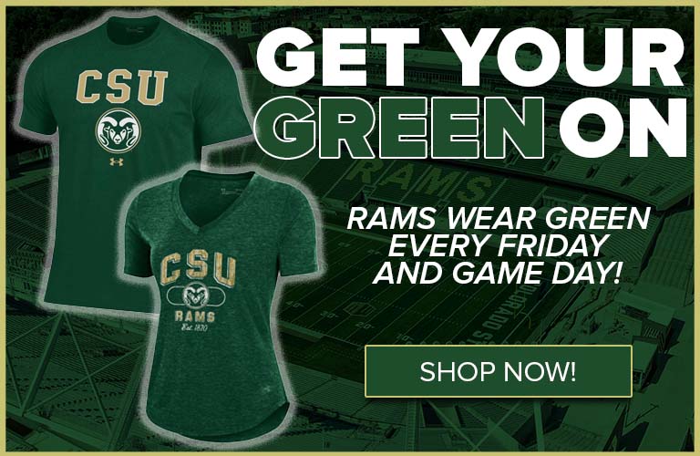 Text reads GET YOUR GREEN ON - Rams Wear Green Every Friday and Game Day - Button reads SHOP NOW. Image has two green t-shirts in front of an image of Canvas Stadium in Fort Collins.