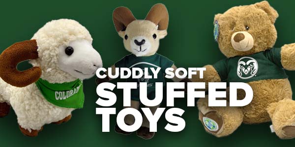 Three stuffed animals and text that says Cuddly Soft STUFFED TOYS.
