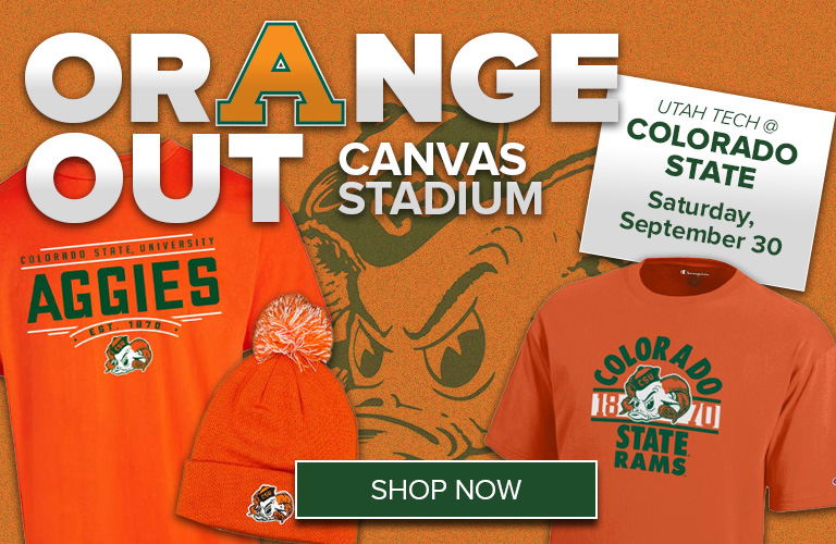 Text - Orange Out Canvas Stadium - Utah Tech at Colorado State - Saturday, September 30 - Image features two orange t-shirts and an orange stocking cap and a button that says Shop Now.