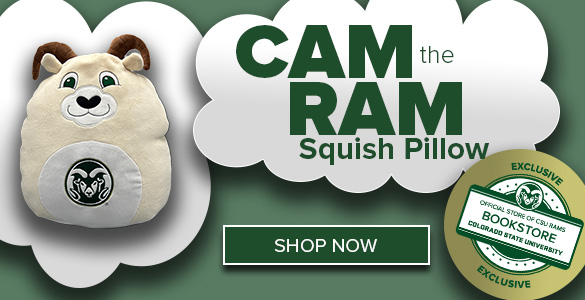 IImage features a CSU Ram Cam the Ram Squish Pillow. Text reads CAM THE RAM Squishpillow and a Shop Now Button.
