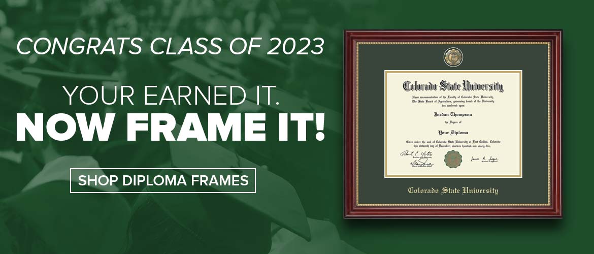 Image featuring a background of graduates with mortarboards next to a diploma frame. Text Reads 'CONGRATS CLASS OF 2023 - You Earned It - Now Frame It'. A Shop Diploma Frames button is on the right.