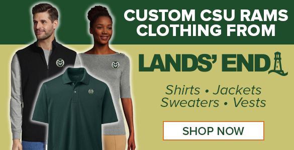 Image features two models wearing a vest and sweater, and another image of a green polo shirt - Text Reads 'Customer CSU Clothing from Lands End - Shirts - Jackets - Sweaters - Vests'. A Shop Now button is on the bottom.