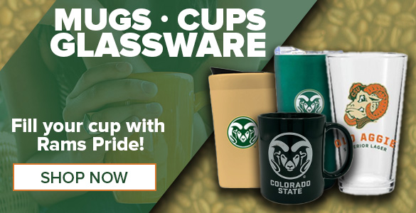 Image of four CSU Rams mugs, glasses, and tumblers in front of an illustration featuring coffee beans and a hand embracing a coffee mug. Text reads Mugs - Cups - Glassware - Fill your cup with Rams Pride and button that reads 'Shop Now'.