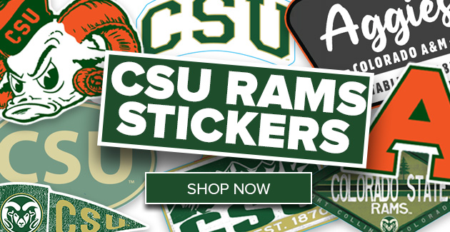 A variety of CSU Rams stickers are in the background. Text reads CSU RAMS STICKERS and shop now button