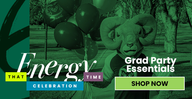 Text reads That Celebration Time Energy - Grad Party Essentials - Image features Cam the Ram holding ballons on the Oval with Shop Now button.