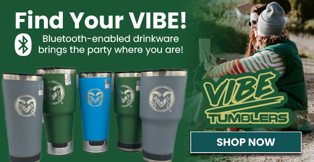 Text reads FIND YOUR VIBE - Bluetooth enabled drinkware brings the party where you are. Image features two women with a Vibe tumbler listening to music. Vibe Tumblers logo and shop now button