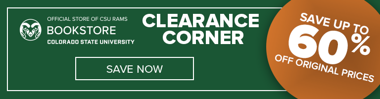 Clearance Corner - Save up to 60% off original prices - Shop Now. Image features CSU Bookstore logo and orange circle with 60% off words.