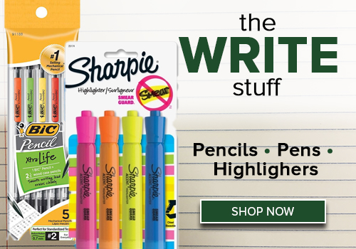 Pencils and Highlighters on a background that reads the WRITE stuff, pencils,pens, highlighters and a button marked SHOP NOW