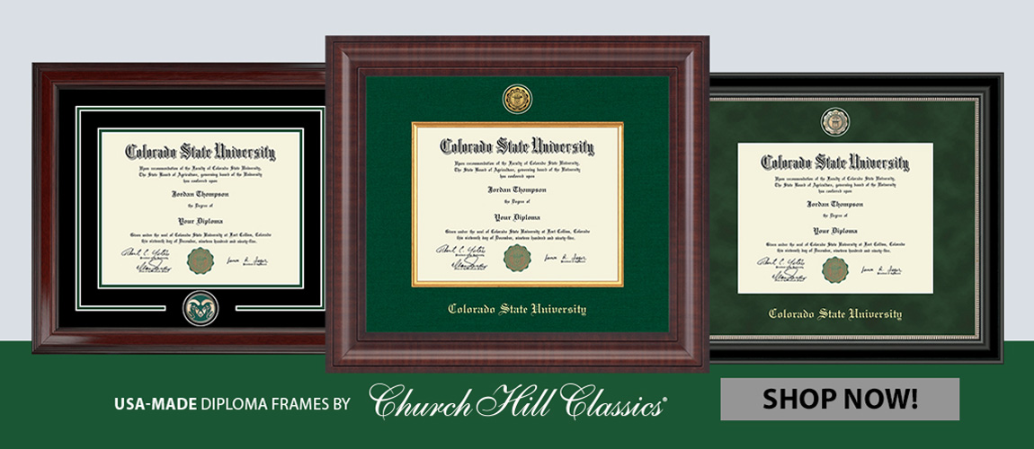 Image features three diploma frames on a light gray background. Text reads USA-Made Diploma Frames by Church Hill Classics. A gray button reads SHOP NOW!