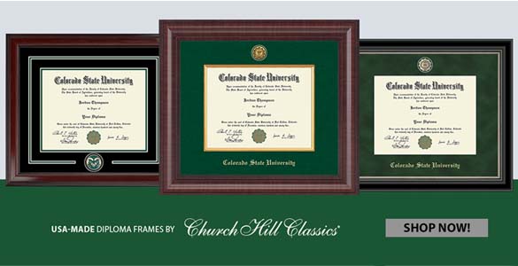 Text reads USA-MADE DIPLOMA FRAMES BY CHURCH HILL CLASSICS. Image features three Colorado State University diploma frames.