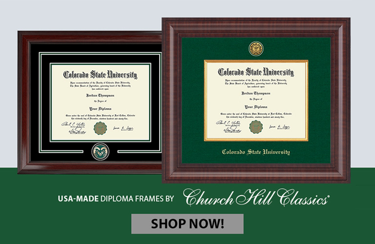 Image features two diploma frames on a light gray background. Text reads USA-Made Diploma Frames by Church Hill Classics. A gray button reads SHOP NOW!.
