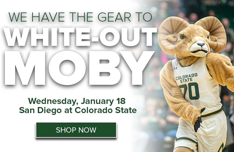 Cam the Ram wearing a basketball jersey. Text reads WE HAVE THE GEAR TO WHITE OUT MOBY - Wednesday, January 18 - San Diego at Colorado State - Shop Now