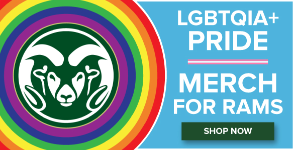 Image of a Ram head logo in the middle of a rainbow circle with text that reads LGBTQIA+ Pride Merch for Rams