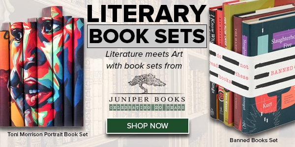 Text reads LITERARY BOOK SETS - Literature meets art with book sets from Juniper Books. The image features two sets of books and their description.