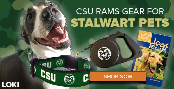 Image of a terrier dog wearing a green CSU Rams bandana. There is a CSU Rams Collar, CSU Rams Leash, and a book named Best Hikes with Dogs Colorado and a shop now button. The word LOKI is on the corner to name the dog.