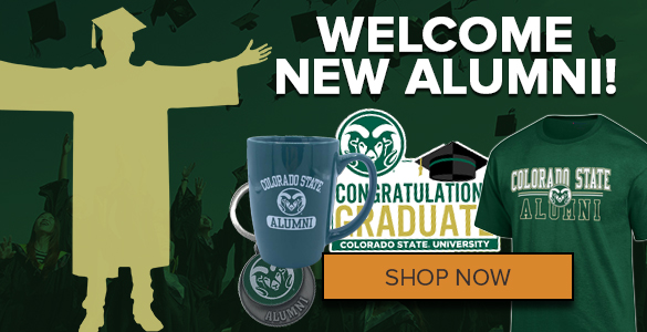 Text reads WELCOME NEW ALUMNI with button that says SHOP NOW. Image features a graduate in a cap and gown in front of a crowd of graduates tossing hats into the air. Sample alumni products, including a mug, keychain, yard sign and t-shirt are illustrated.