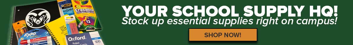 Image features school supplies including notebook, pencils, notecards, and markers with text saying YOUR SCHOOL SUPPLY HQ - Stock up on essential supplies right on campus - orange button says SHOP NOW