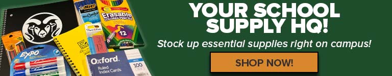 Image features school supplies including notebook, pencils, notecards, and markers with text saying YOUR SCHOOL SUPPLY HQ - Stock up on essential supplies right on campus - orange button says SHOP NOW