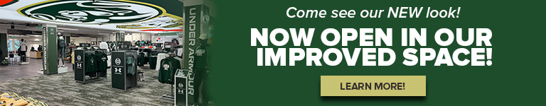 Image features an photo of the upper level of the remodeled CSU Bookstore and text that reads Come see our NEW look - Now Open in our Improved Space - Learn More Button