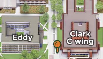 map showing where the CSU Bookstore Sellback and rental return location outside of the CSU Clark Building will be located from May 10 - 12, 2022.