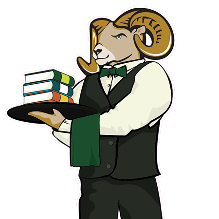 Cartoon drawing of Cam the Ram wearing a Tuxedo, holding a tray of books.