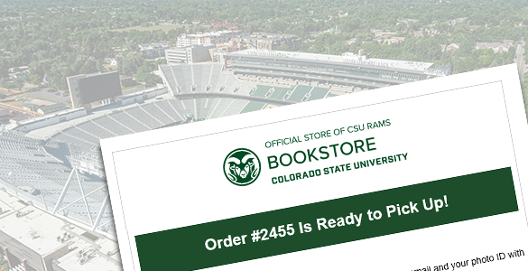 image of an example CSU Bookstore order pickup email.
