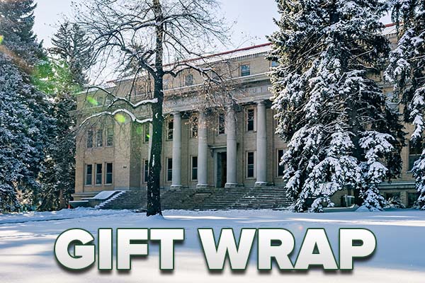 Image of the CSU Administration building with a text that reads GIFTS WRAP.