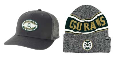 Image of a CSU Rams hat and a CSU Rams stocking cap.