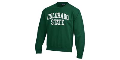 Image of a green sweatshirt that says COLORADO STATE on the front.