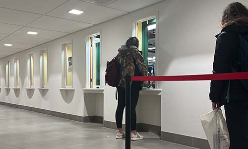Photo showing book return windows inside the Lory Student Center.