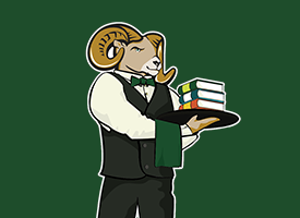 Icon showing Conciege Cam, a cartoon Cam the Ram dressed in a tuxedo, holding a tray of books.
