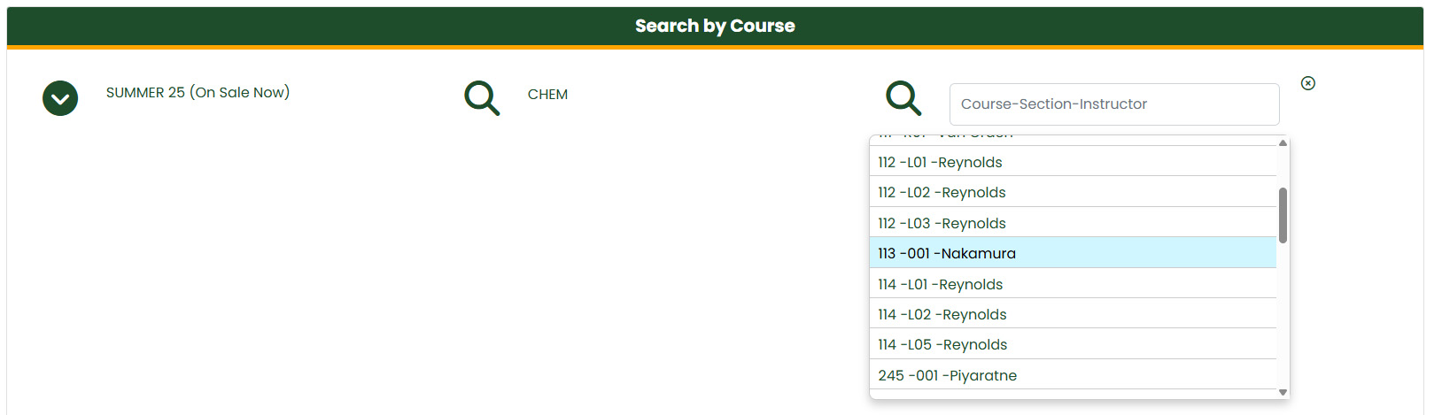Illustration showing the Search by Course function on the CSU Bookstore website.