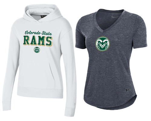 Image of two CSU Rams sweatshirts illustrating CSU Rams women's and fitted athleisure wear.