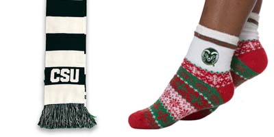 Image of a pair of a pair of CSU socks and a CSU scarf.
